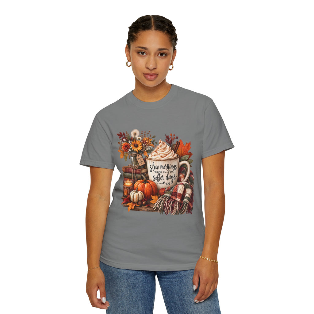 Fall Autumn Graphic T-Shirt — "Slow Mornings, Cozy Coffee, Sweater Days"