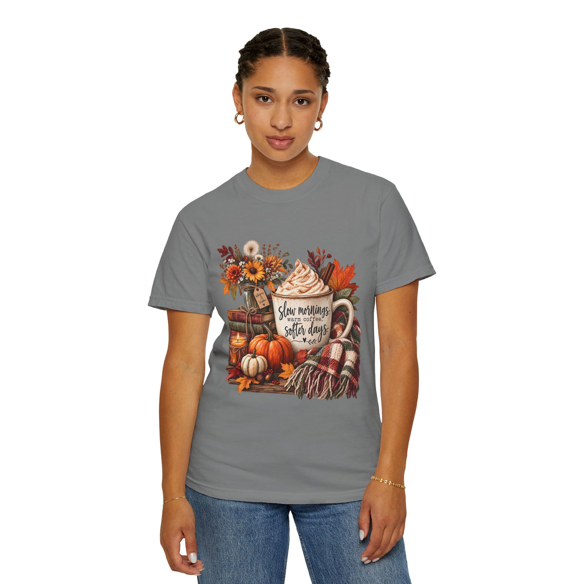 Fall Autumn Graphic T-Shirt — "Slow Mornings, Cozy Coffee, Sweater Days"