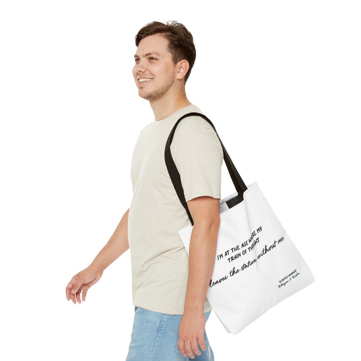 Tote Bag — "My Train of Thought Leaves the Station Without Me" Funny Quote Canvas Tote