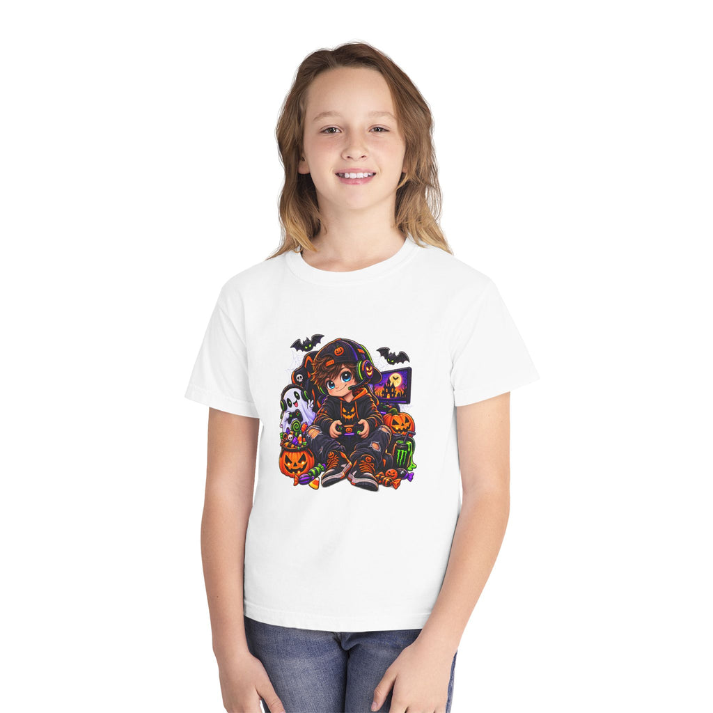 Kids Halloween Tee - Cute Gamer Kid with Pumpkins & Bats