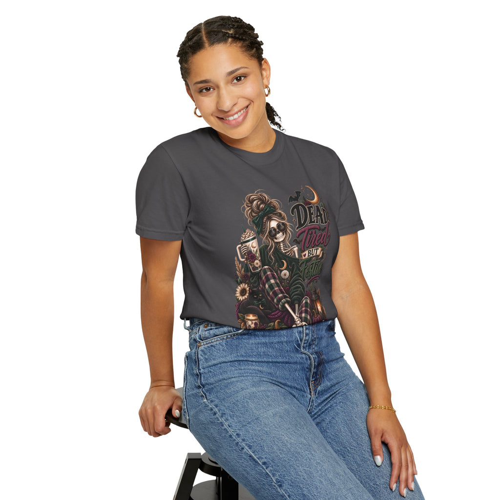 Halloween Skull Witch T-Shirt — "Dead Tired But Still Cute" Graphic Tee
