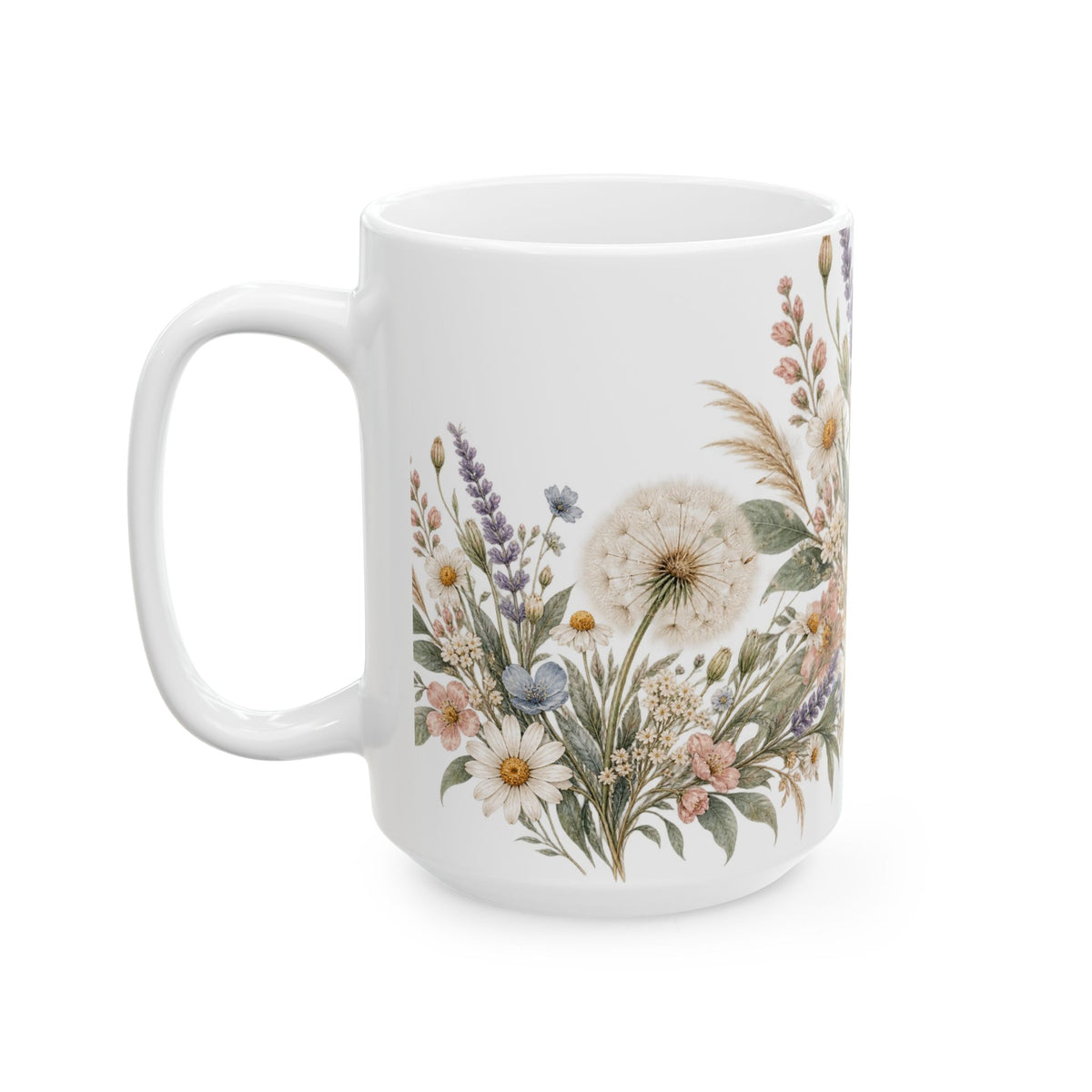 Wild Blooms Floral Dandelion Mug — Botanical Ceramic Coffee Cup (15oz)