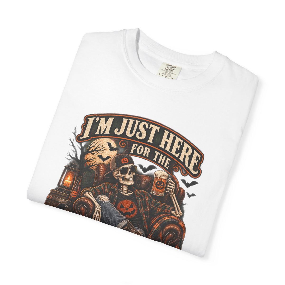 Halloween T-Shirt — "I'm Just Here for the Boos" Spooky Skull & Pumpkin Tee