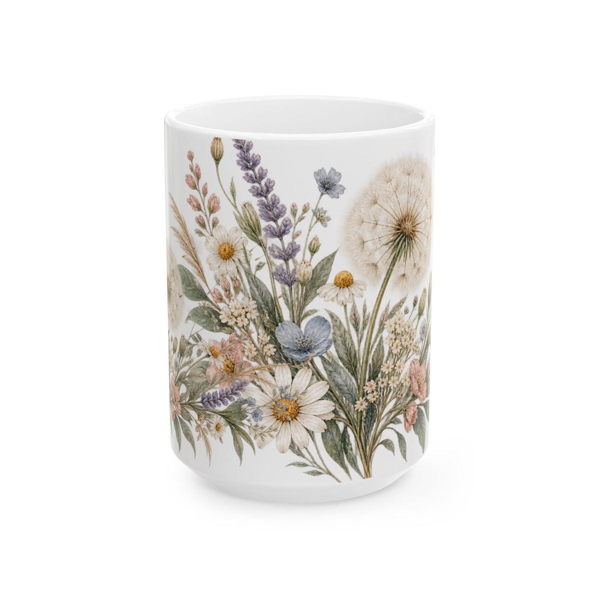 Wild Blooms Floral Dandelion Mug — Botanical Ceramic Coffee Cup (15oz)