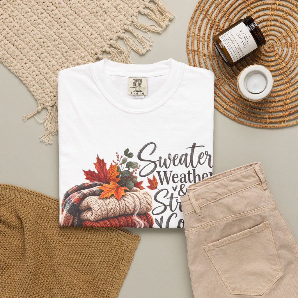 Sweater Weather & Strong Coffee T-Shirt — Cozy Fall Plaid Coffee Graphic Tee