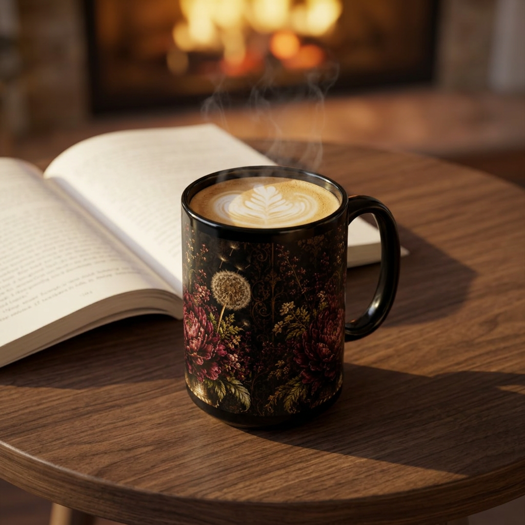 Midnight Garden Dark Floral Black Mug – Vintage Botanical Coffee Cup (15oz)