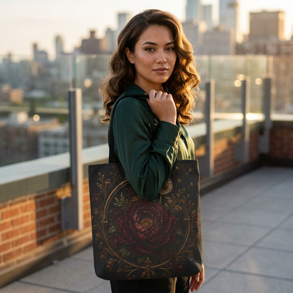 Midnight Garden Tote Bag — Vintage Floral Dandelion Design