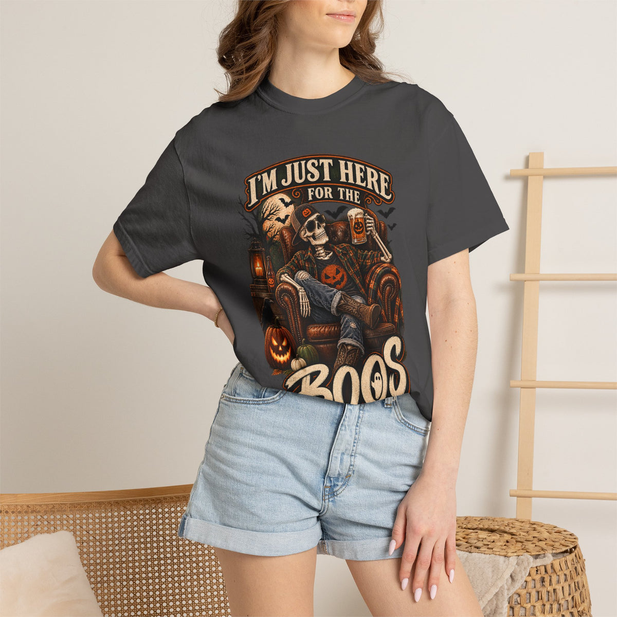 Halloween T-Shirt — "I'm Just Here for the Boos" Spooky Skull & Pumpkin Tee