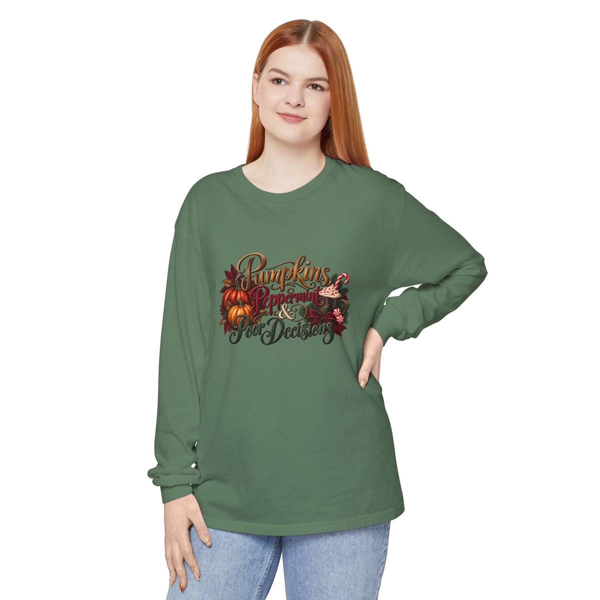 Pumpkins, Peppermint, and Poor Decisions Fall Long Sleeve T-Shirt