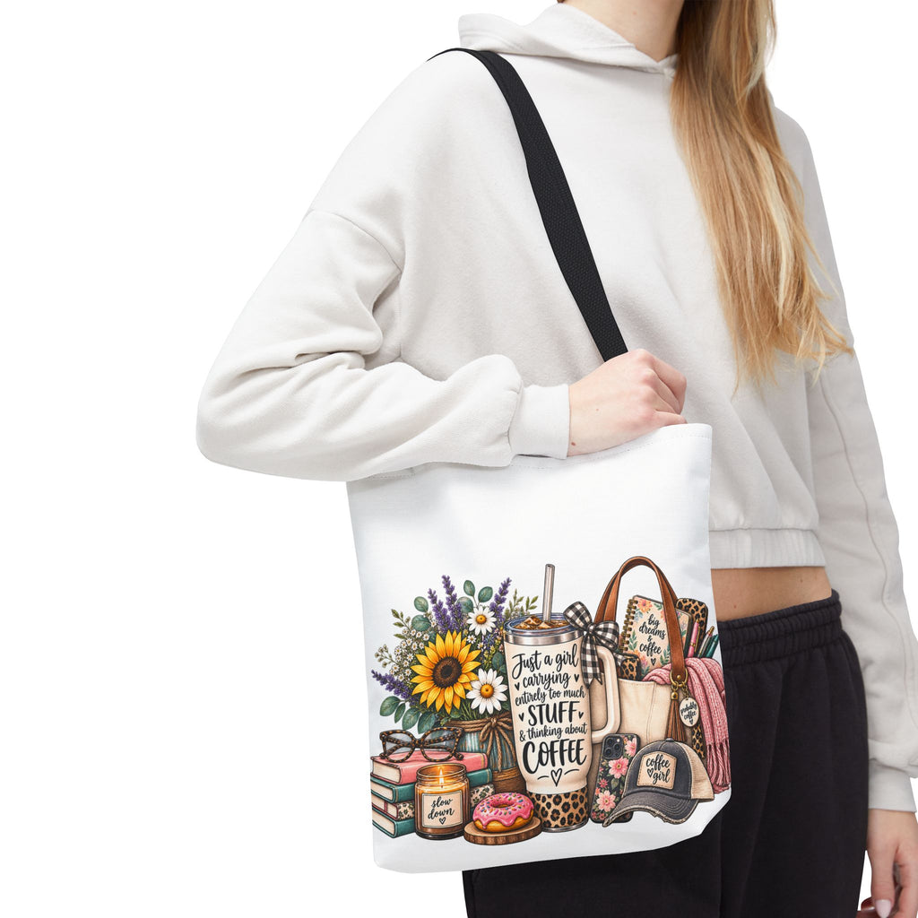 Canvas Tote Bag — "Just a girl carrying all the stuff (and coffee)" Floral & Cozy Design