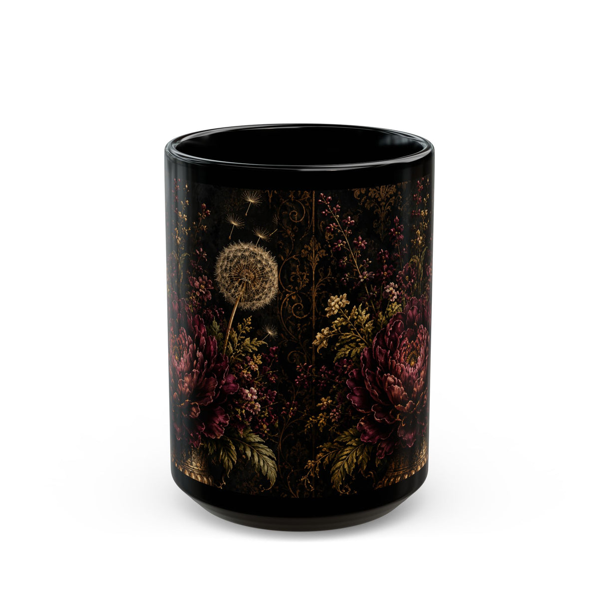 Midnight Garden Dark Floral Black Mug – Vintage Botanical Coffee Cup (15oz)
