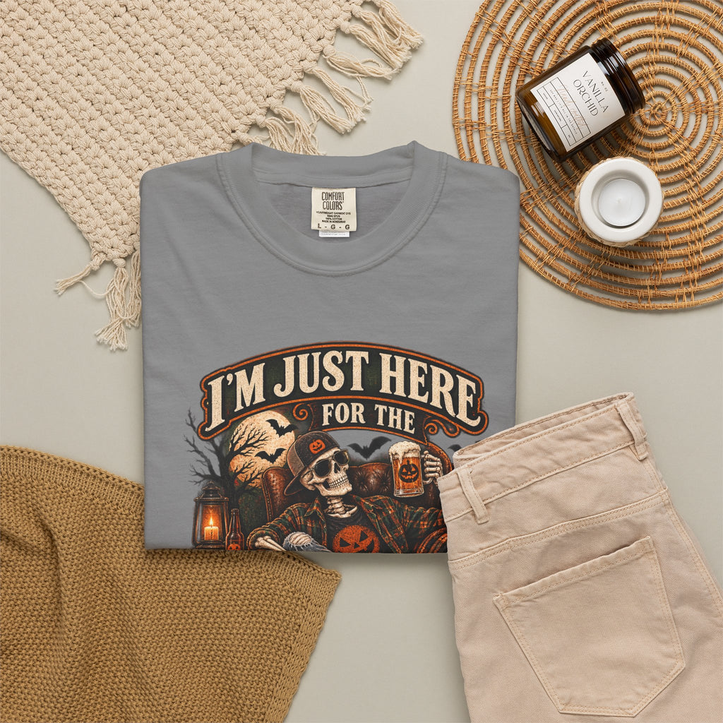 Halloween T-Shirt — "I'm Just Here for the Boos" Spooky Skull & Pumpkin Tee
