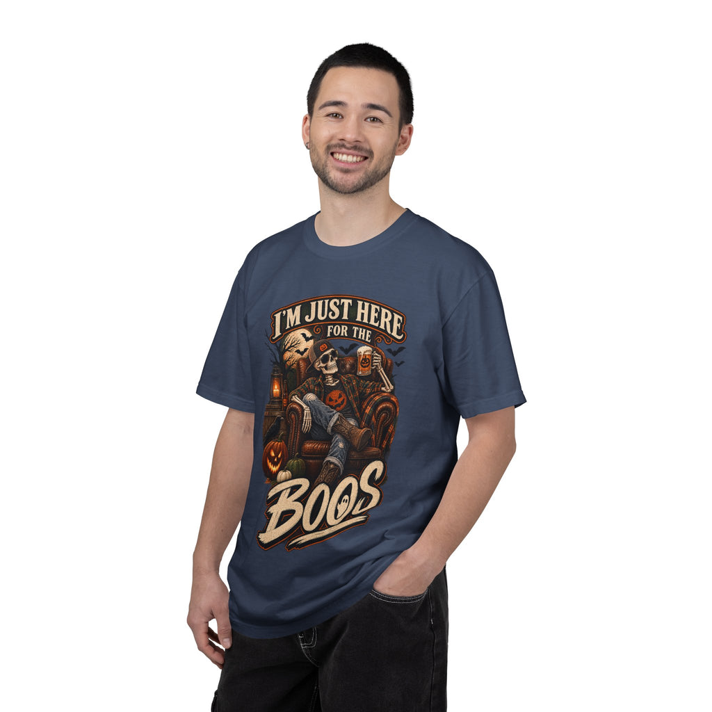 Halloween T-Shirt — "I'm Just Here for the Boos" Spooky Skull & Pumpkin Tee