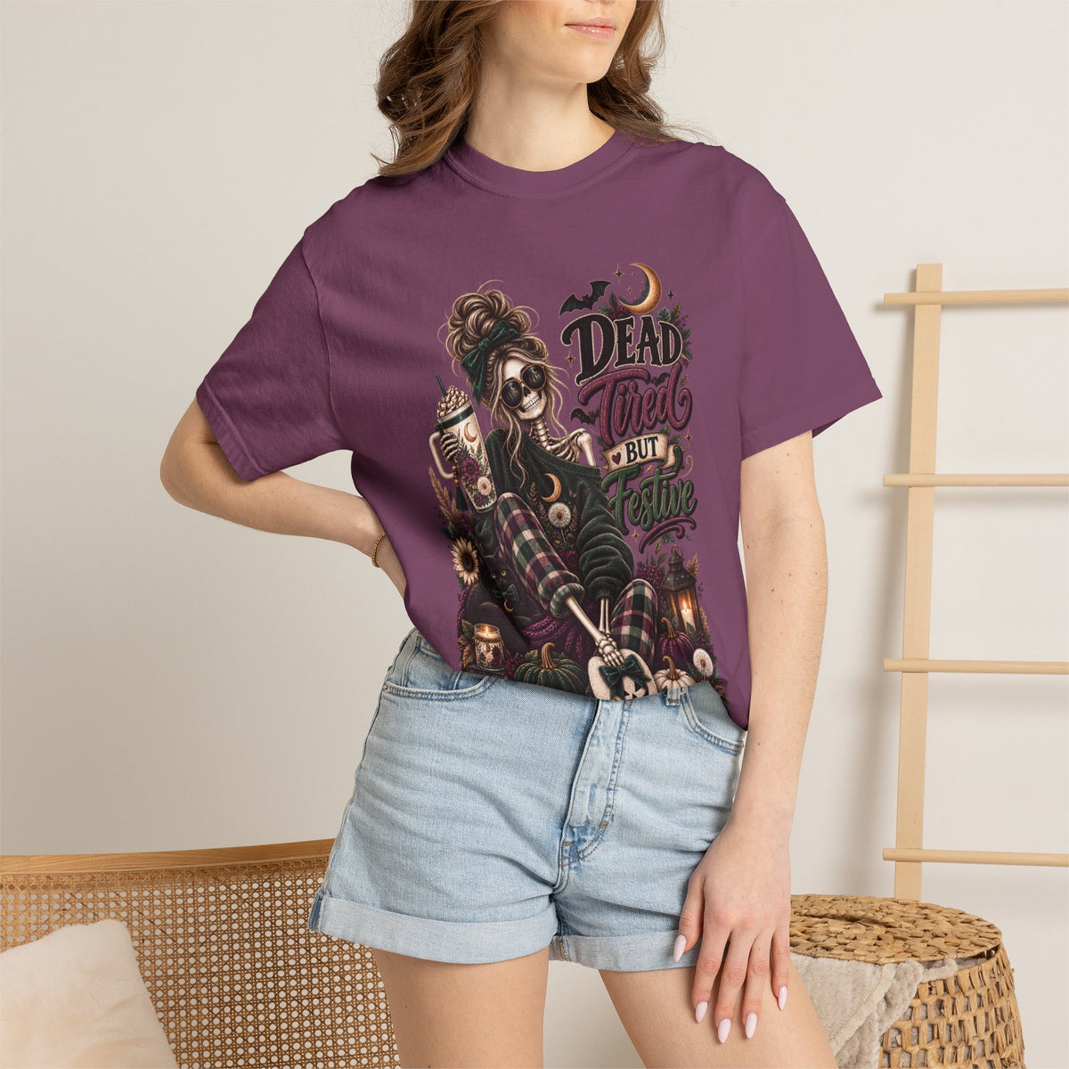 Halloween Skull Witch T-Shirt — "Dead Tired But Still Cute" Graphic Tee