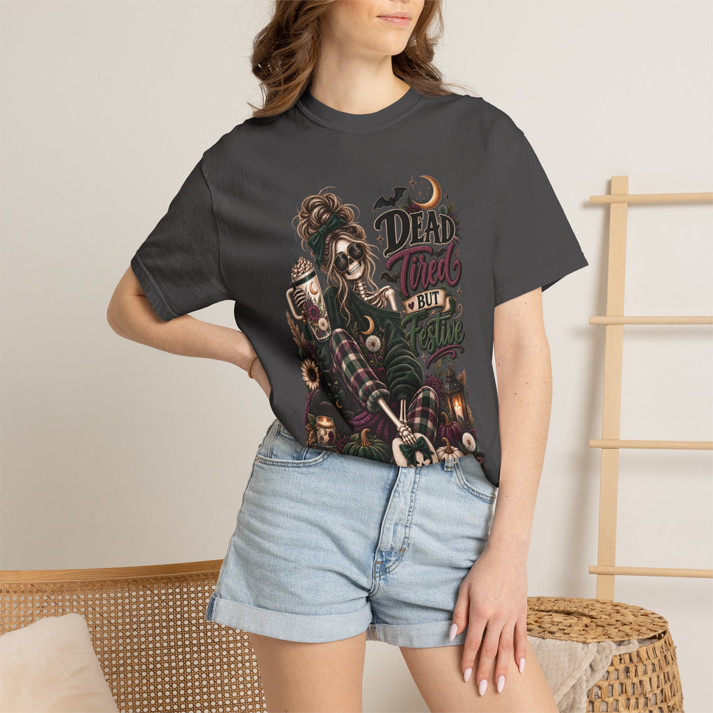 Halloween Skull Witch T-Shirt — "Dead Tired But Still Cute" Graphic Tee