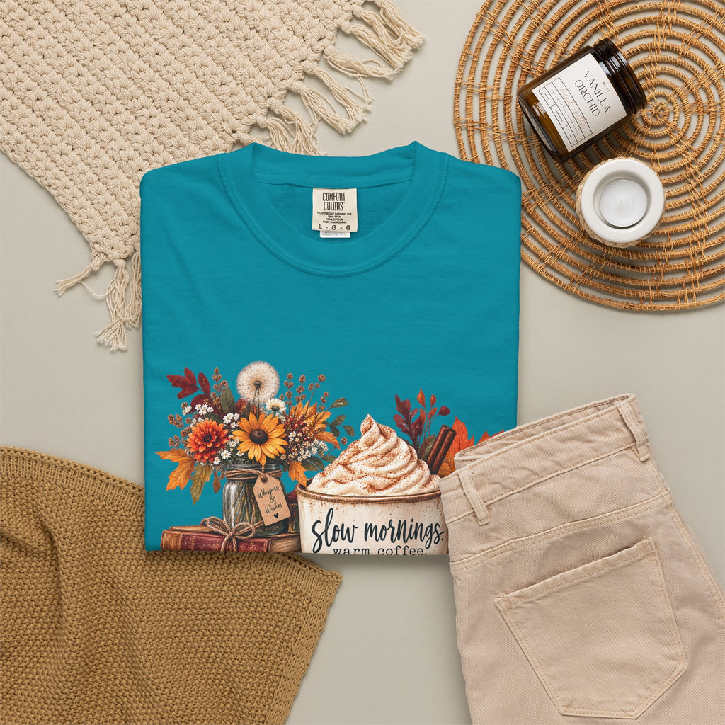 Fall Autumn Graphic T-Shirt — "Slow Mornings, Cozy Coffee, Sweater Days"