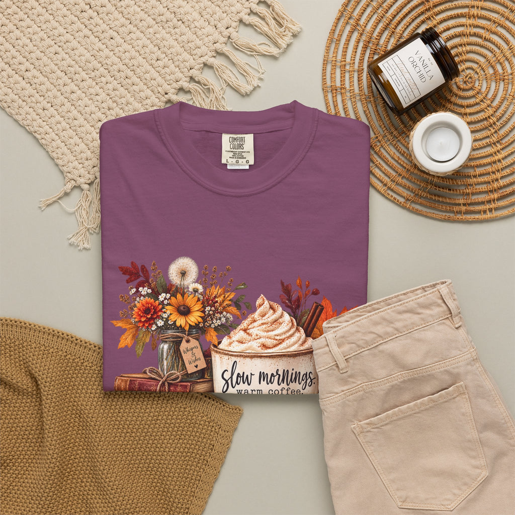Fall Autumn Graphic T-Shirt — "Slow Mornings, Cozy Coffee, Sweater Days"