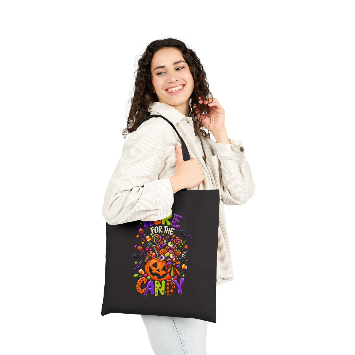Halloween Tote Bag - "Here for the Candy" Pumpkin Candy Tote, Trick-or-Treat Canvas Bag