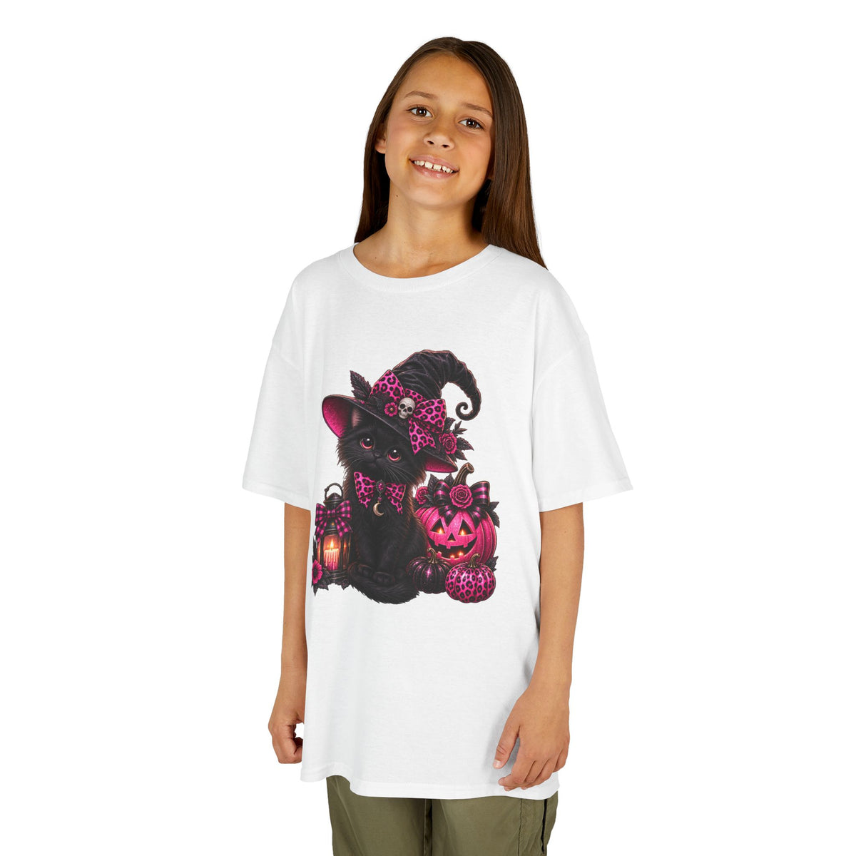 Kids Halloween Cat Tee — Witch Hat Black Kitten with Pink Pumpkins