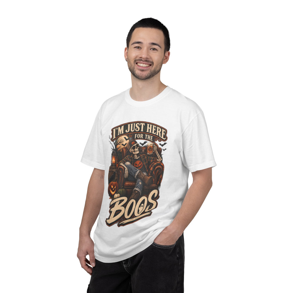 Halloween T-Shirt — "I'm Just Here for the Boos" Spooky Skull & Pumpkin Tee