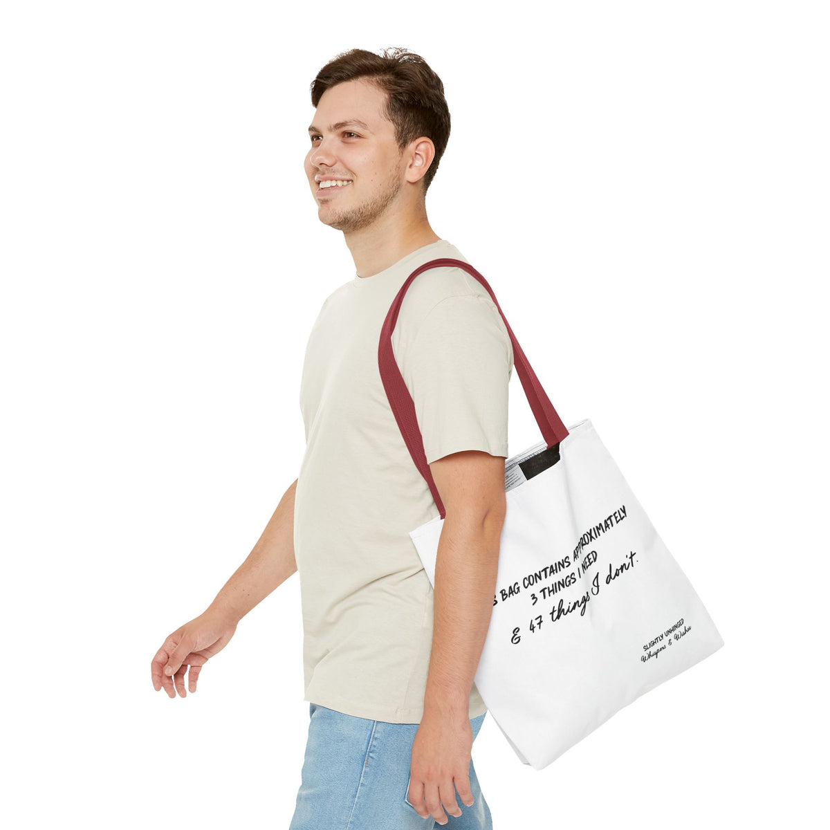 Tote Bag — Funny Quote "This Bag Contains Approximately 3 Things I Need & 47 Things I Don’t" Canvas Tote