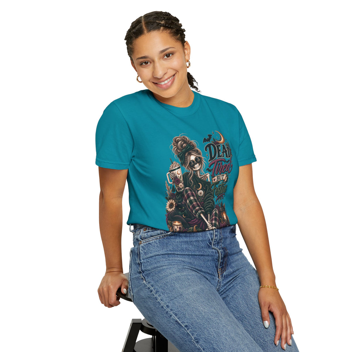 Halloween Skull Witch T-Shirt — "Dead Tired But Still Cute" Graphic Tee