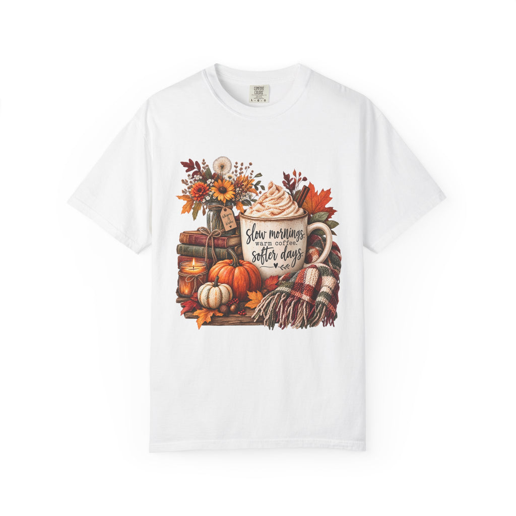 Fall Autumn Graphic T-Shirt — "Slow Mornings, Cozy Coffee, Sweater Days"