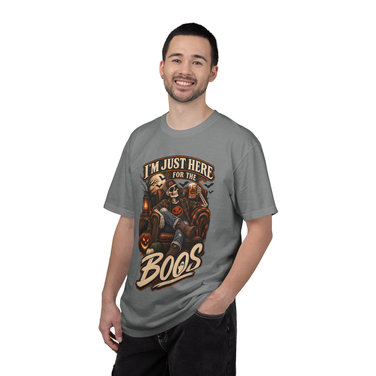 Halloween T-Shirt — "I'm Just Here for the Boos" Spooky Skull & Pumpkin Tee
