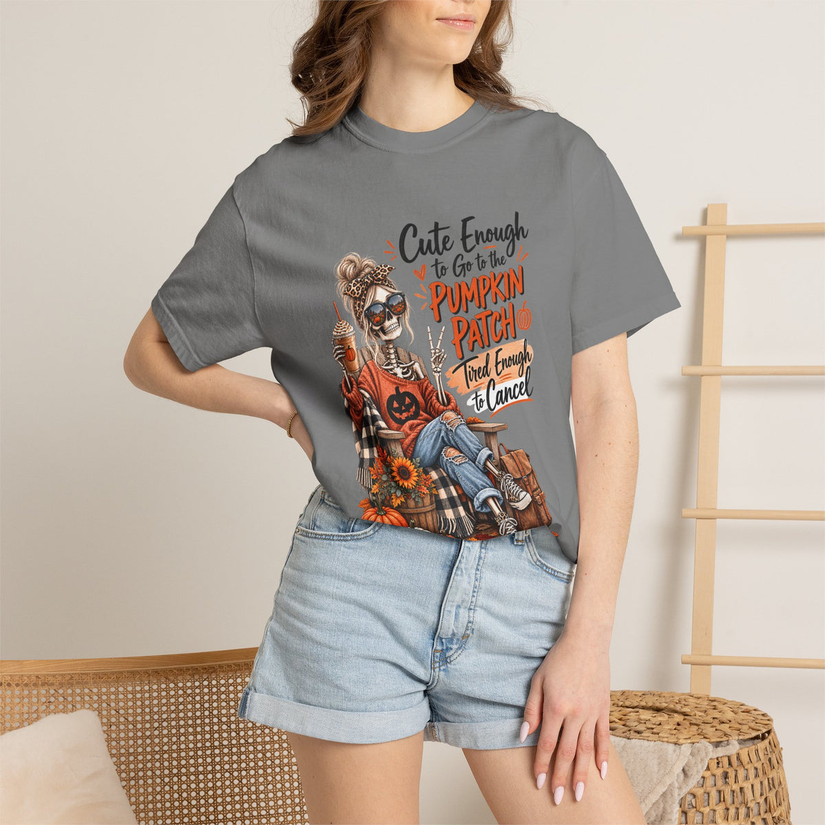 Halloween Pumpkin Patch T-Shirt — “Cute Enough to Go to the Pumpkin Patch, Tired Enough to Cancel”