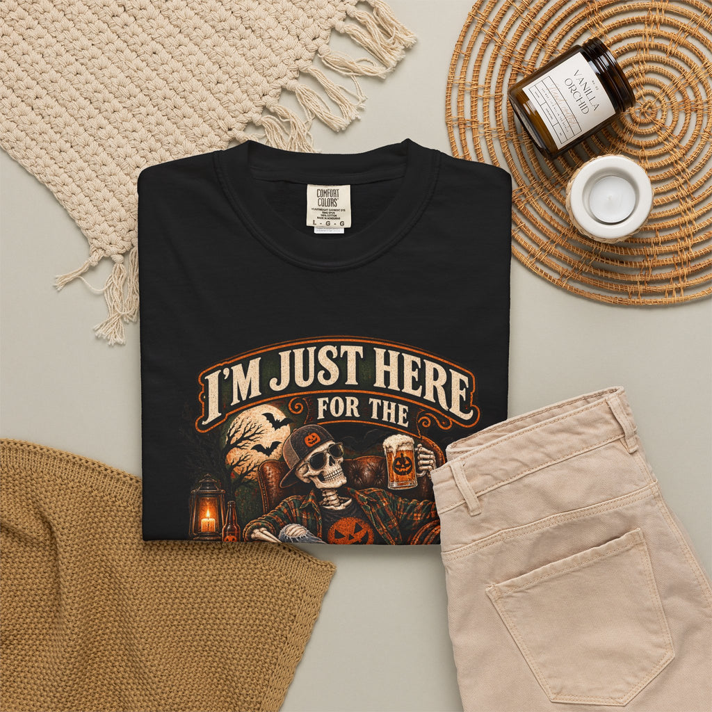 Halloween T-Shirt — "I'm Just Here for the Boos" Spooky Skull & Pumpkin Tee