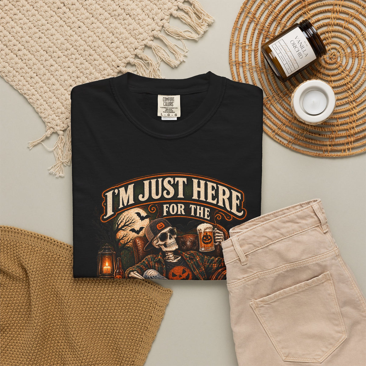 Halloween T-Shirt — "I'm Just Here for the Boos" Spooky Skull & Pumpkin Tee