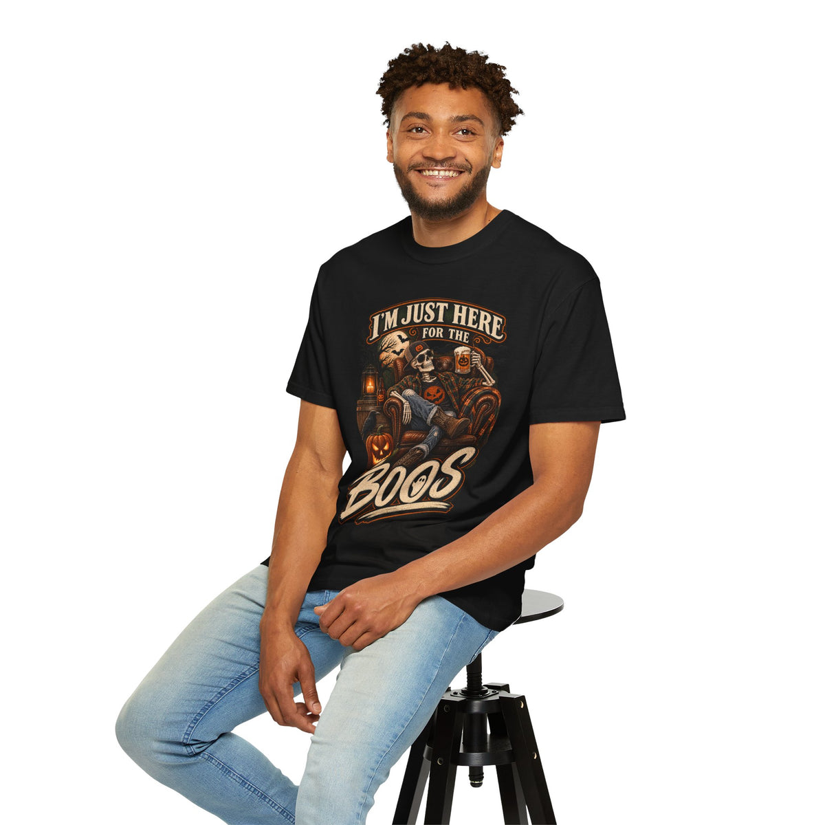 Halloween T-Shirt — "I'm Just Here for the Boos" Spooky Skull & Pumpkin Tee