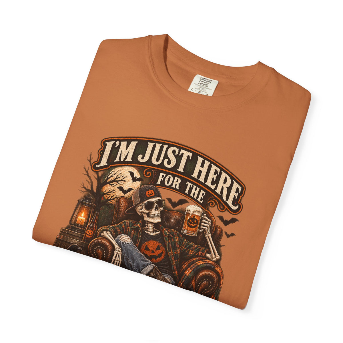 Halloween T-Shirt — "I'm Just Here for the Boos" Spooky Skull & Pumpkin Tee