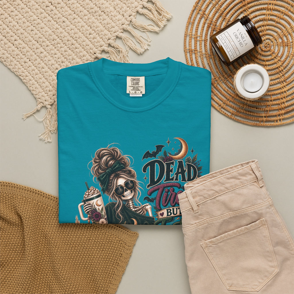 Halloween Skull Witch T-Shirt — "Dead Tired But Still Cute" Graphic Tee