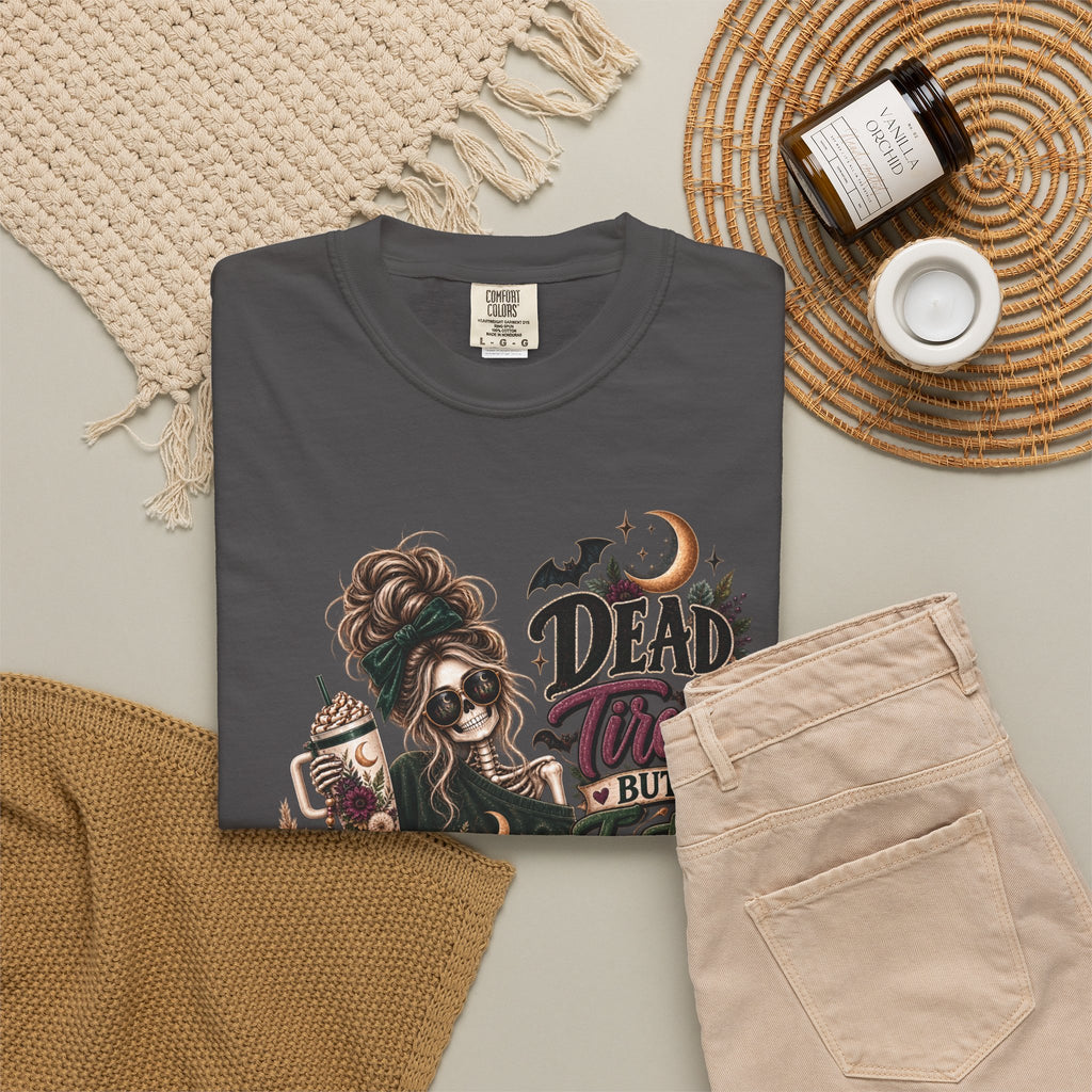 Halloween Skull Witch T-Shirt — "Dead Tired But Still Cute" Graphic Tee