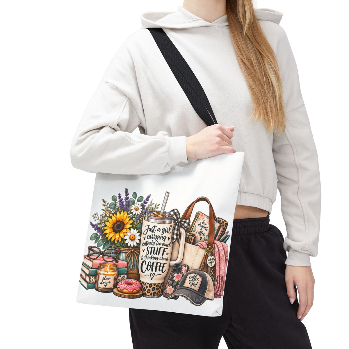 Canvas Tote Bag — "Just a girl carrying all the stuff (and coffee)" Floral & Cozy Design
