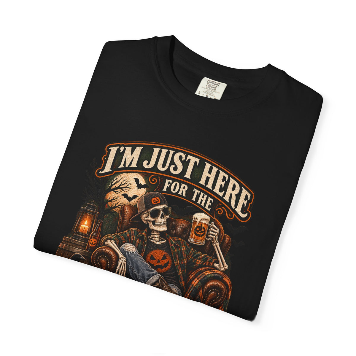 Halloween T-Shirt — "I'm Just Here for the Boos" Spooky Skull & Pumpkin Tee