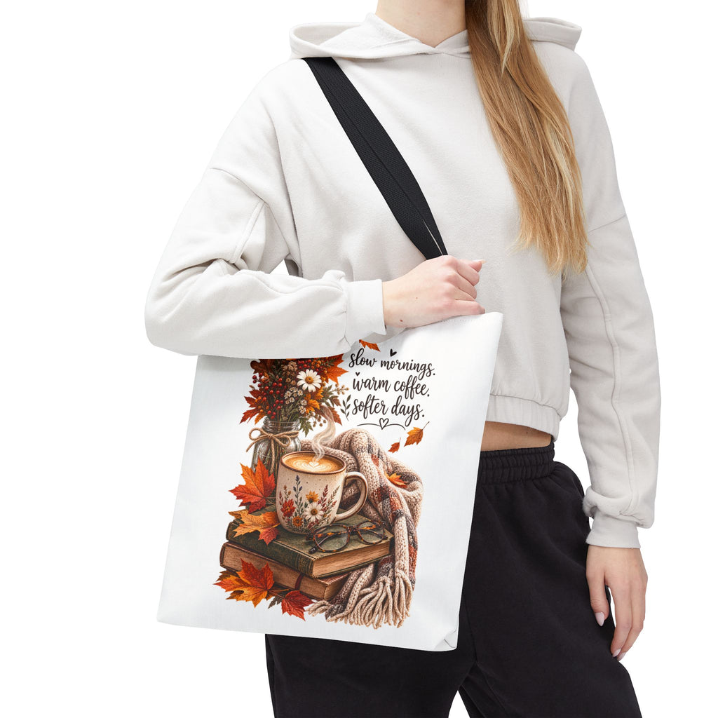 Autumn Cozy Tote Bag - "Slow Mornings, Warm Coffee, Softer Days" Fall Bookish Bag