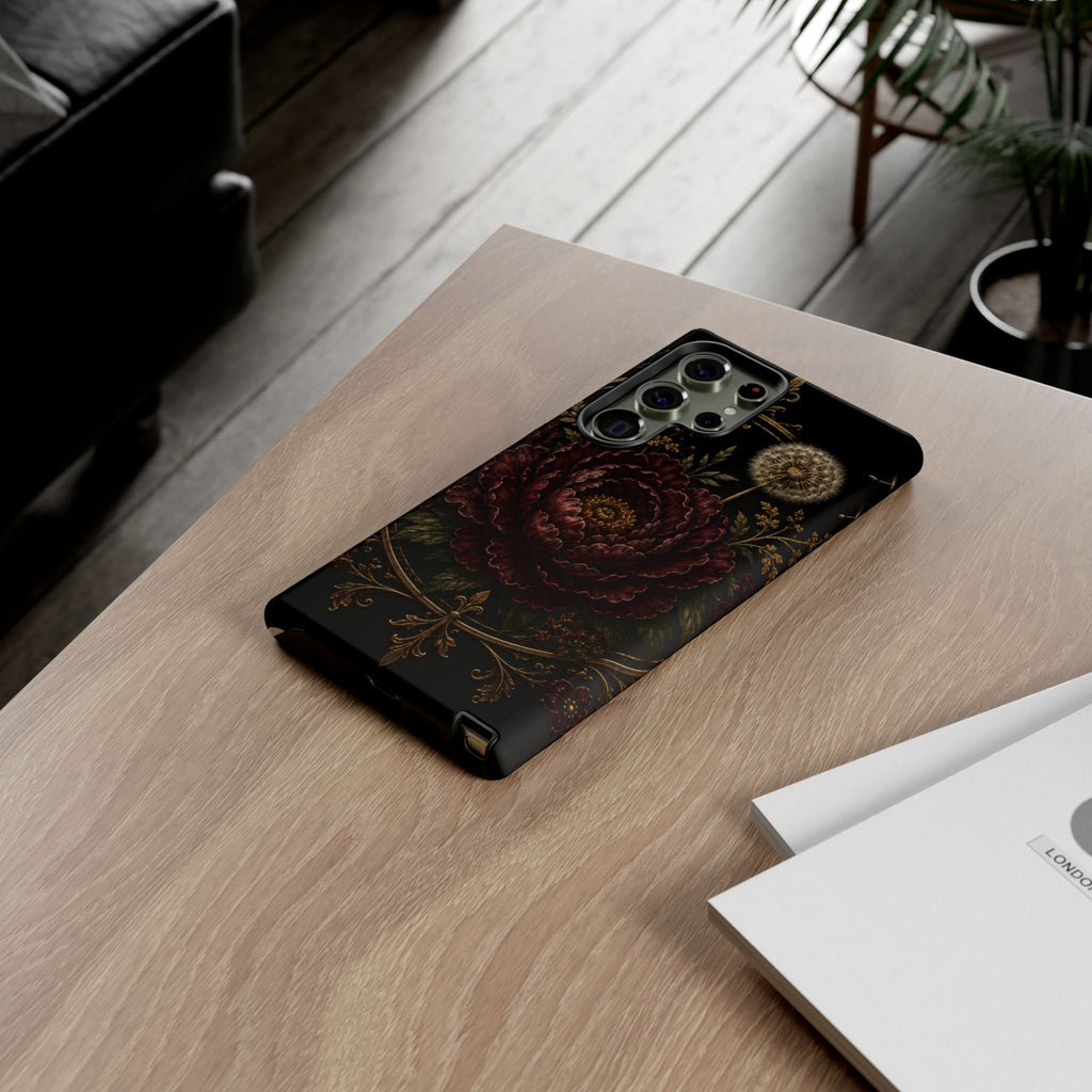 Midnight Garden Tough Case – Vintage Dark Floral Phone Case (Antique Dahlia & Dandelion)