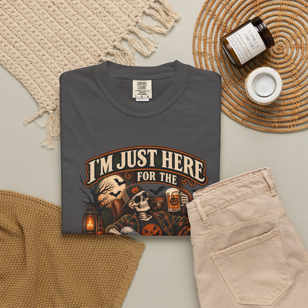 Halloween T-Shirt — "I'm Just Here for the Boos" Spooky Skull & Pumpkin Tee