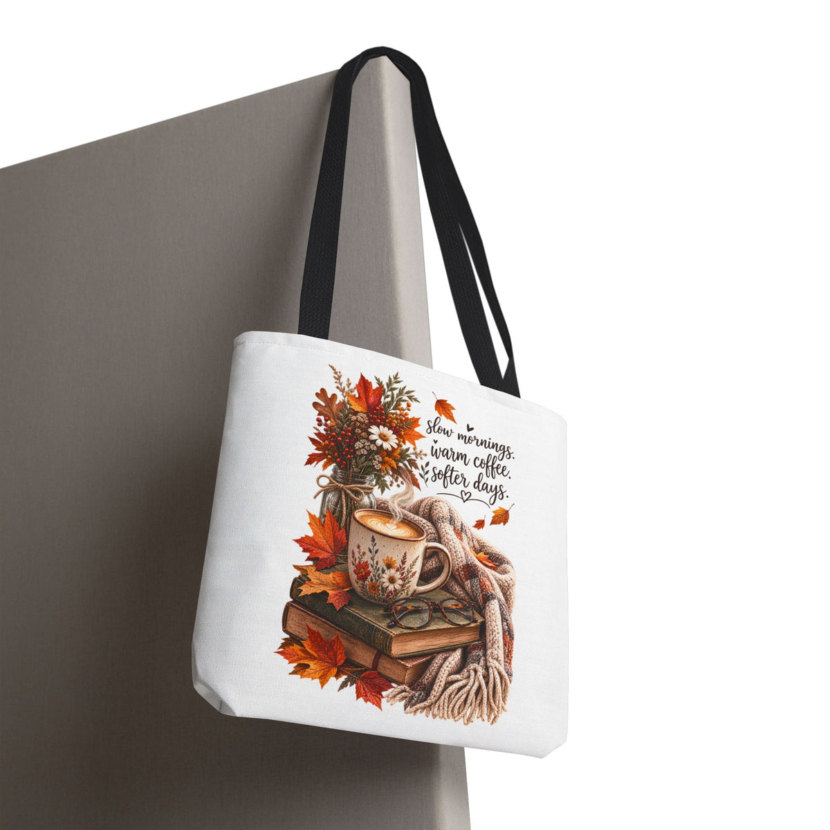 Autumn Cozy Tote Bag - "Slow Mornings, Warm Coffee, Softer Days" Fall Bookish Bag