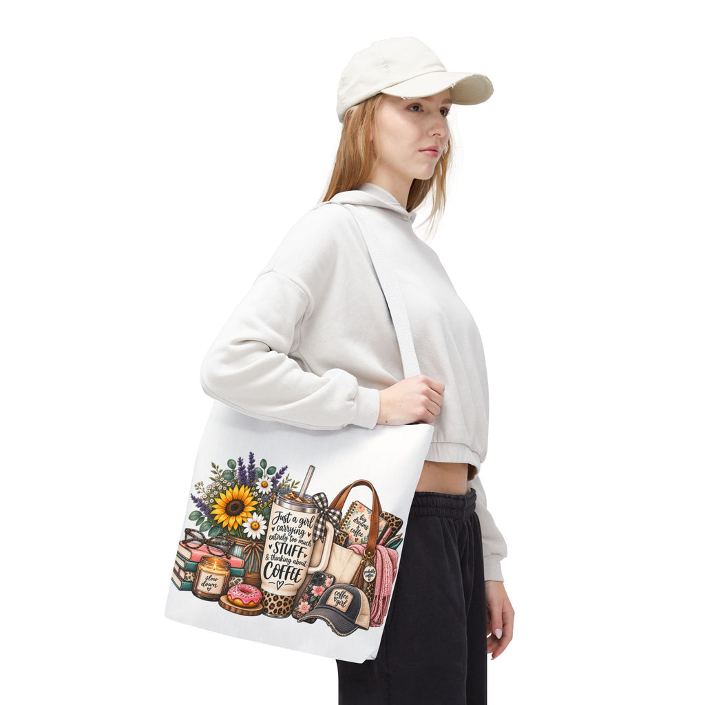 Canvas Tote Bag — "Just a girl carrying all the stuff (and coffee)" Floral & Cozy Design