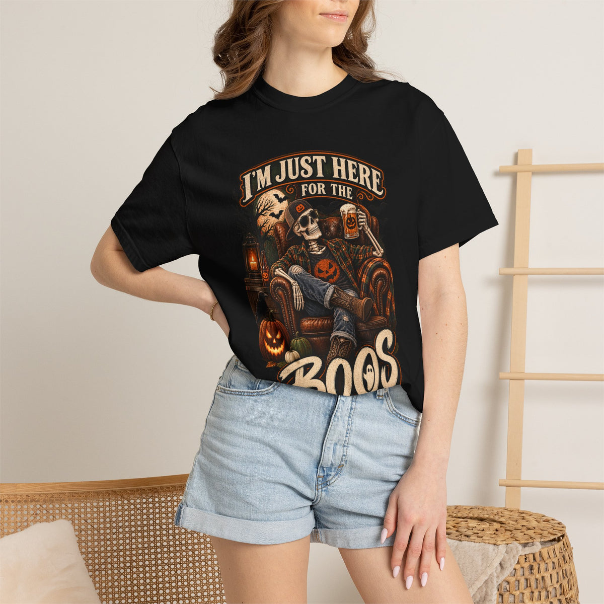 Halloween T-Shirt — "I'm Just Here for the Boos" Spooky Skull & Pumpkin Tee