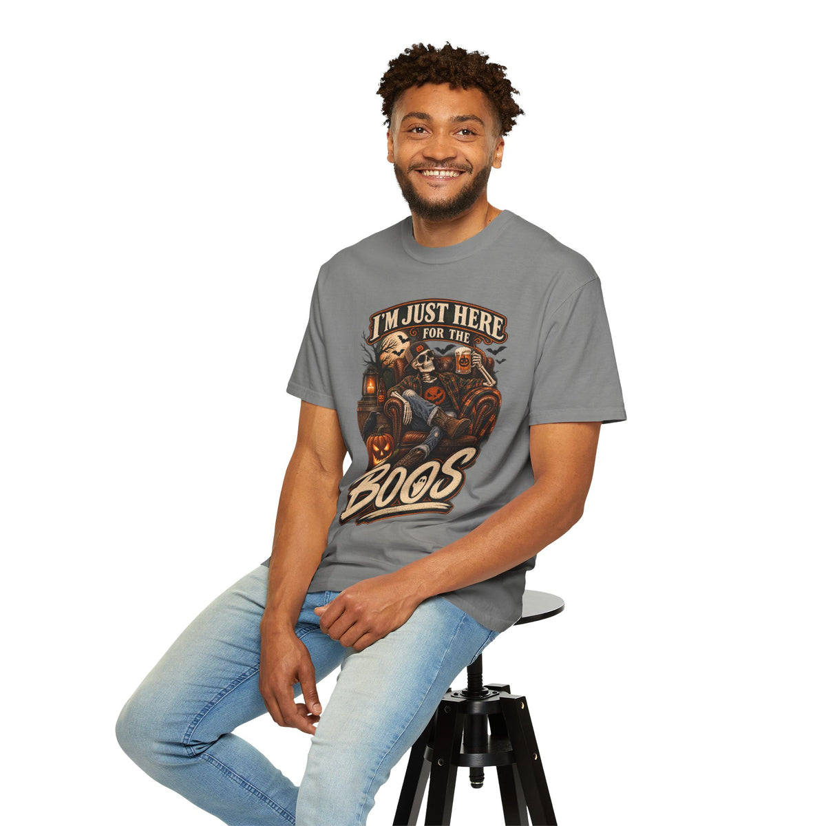Halloween T-Shirt — "I'm Just Here for the Boos" Spooky Skull & Pumpkin Tee