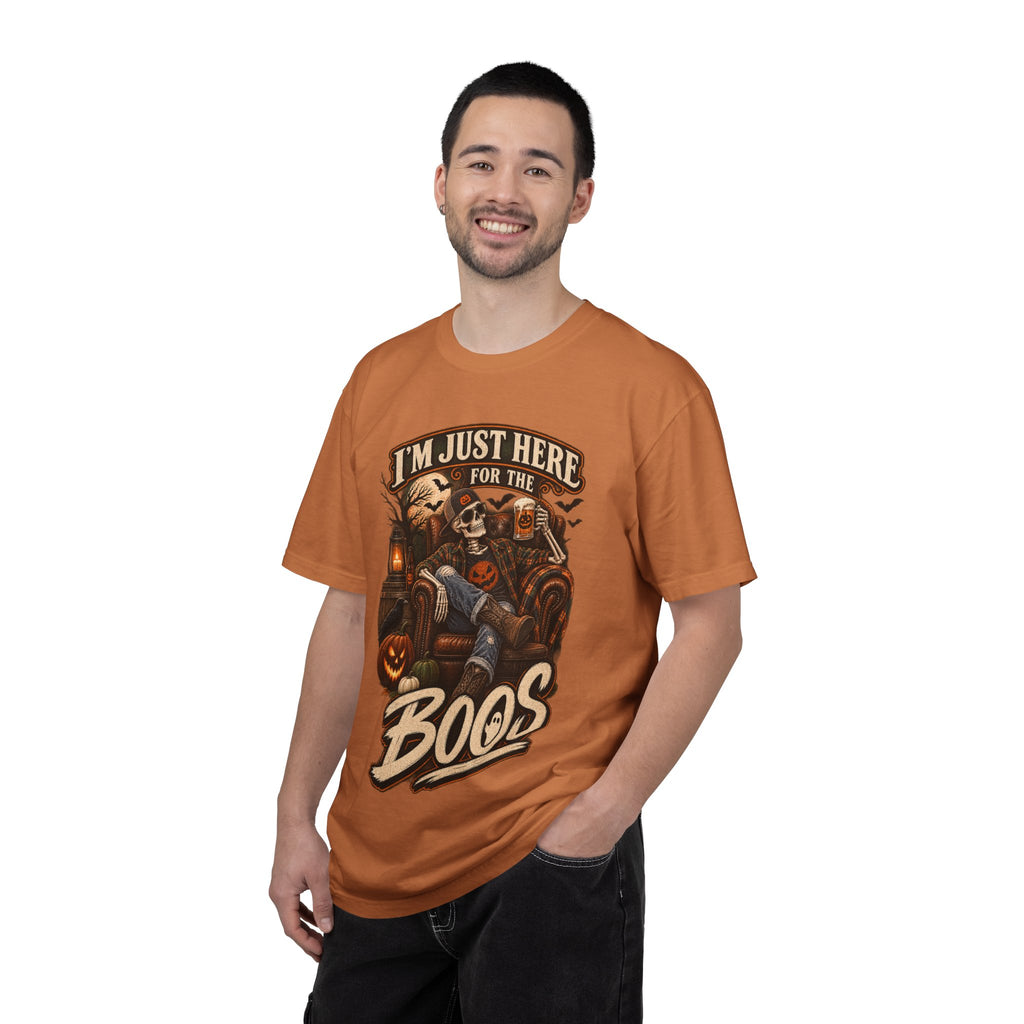 Halloween T-Shirt — "I'm Just Here for the Boos" Spooky Skull & Pumpkin Tee