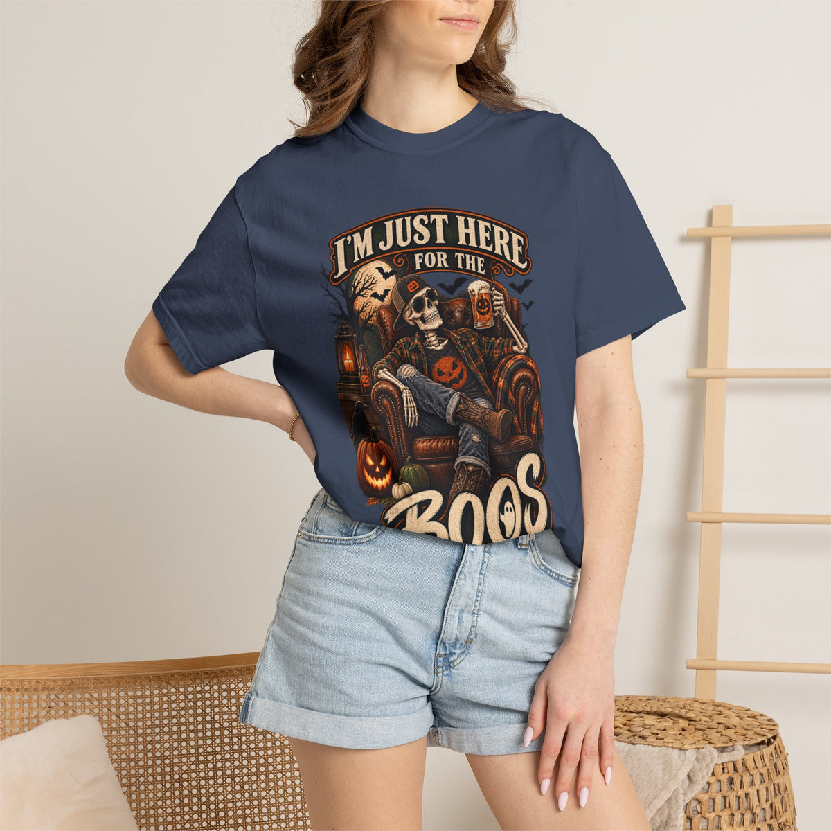 Halloween T-Shirt — "I'm Just Here for the Boos" Spooky Skull & Pumpkin Tee