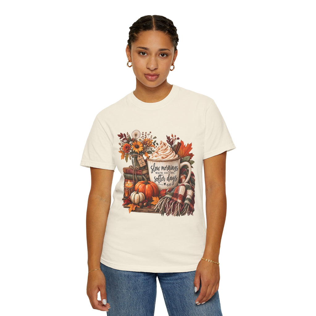 Fall Autumn Graphic T-Shirt — "Slow Mornings, Cozy Coffee, Sweater Days"