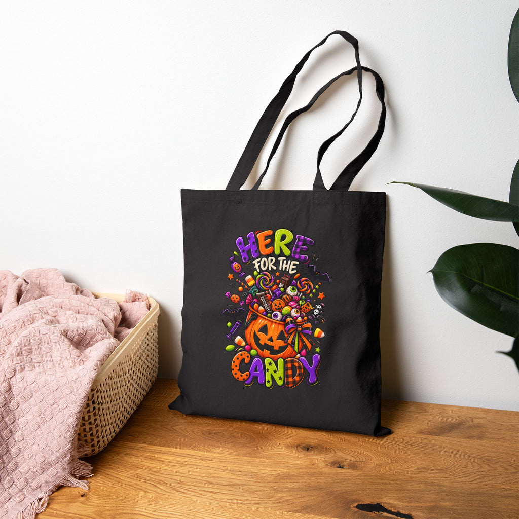 Halloween Tote Bag - "Here for the Candy" Pumpkin Candy Tote, Trick-or-Treat Canvas Bag