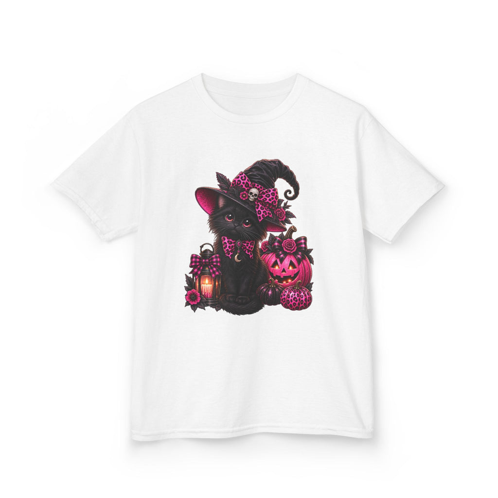 Kids Halloween Cat Tee — Witch Hat Black Kitten with Pink Pumpkins