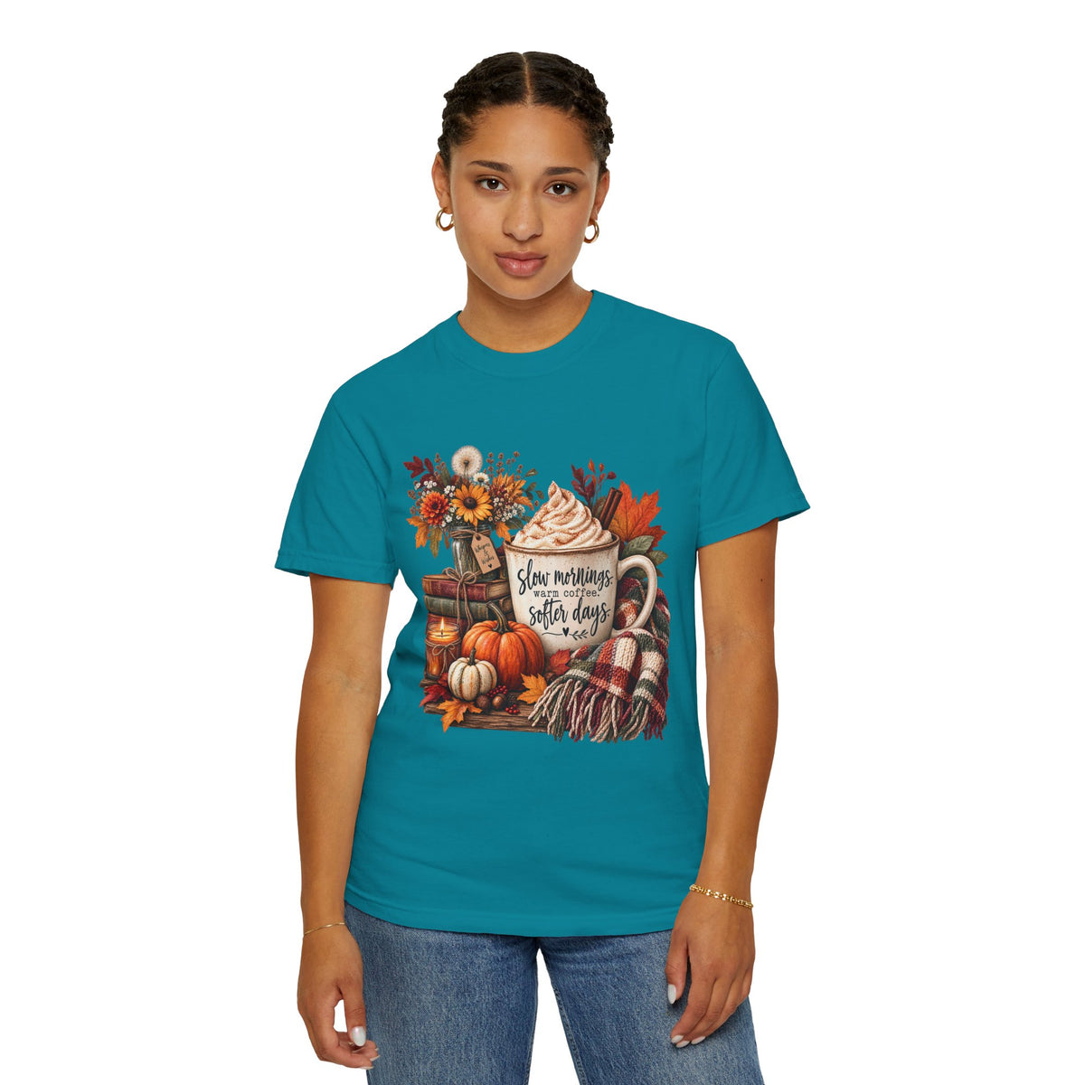 Fall Autumn Graphic T-Shirt — "Slow Mornings, Cozy Coffee, Sweater Days"